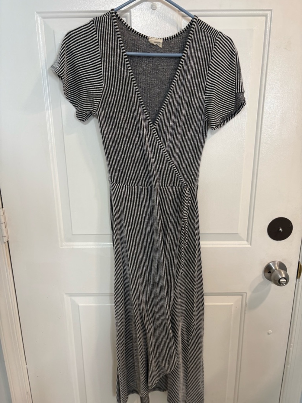 Caution To The Wind Black and White Striped Midi Wrap Dress